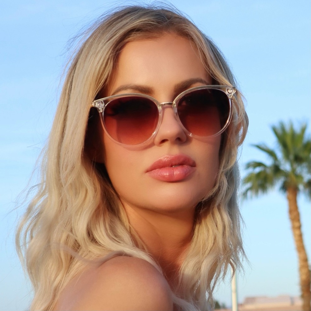 Retro Babe Rounded Cat Eye Sunglasses Clear/Gold Tone Frame Purple Gradient Lens